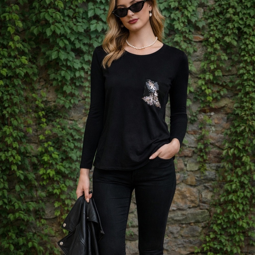 ZARA Black Burnout Long Sleeve Tee with Sparkly Sequined Jeweled Pocket, M